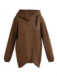 Women's Casual Elegant Sweatshirt, Solid Color With Zipper And Tulip Hem, Suitable For Autumn Fall - Coffee Brown - View 5
