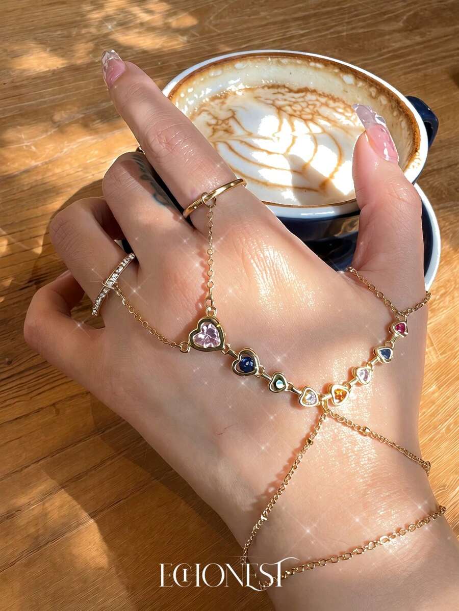 EchoNest 1pc Gold Stainless Steel Colorful Gemstone Finger Chain Double Layer Bracelet Vacation Party Finger Chain Decorative Accessory - Yellow Gold - View 1