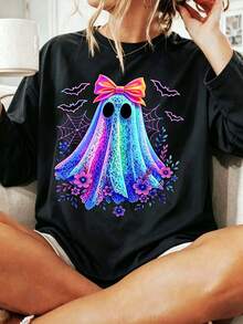 Plus Size Women's Long Sleeve T-Shirt, Colorful Floral Bow Ghost Bat Spider Web Print, Autumn/Winter Casual Long Sleeve - Black - View 4