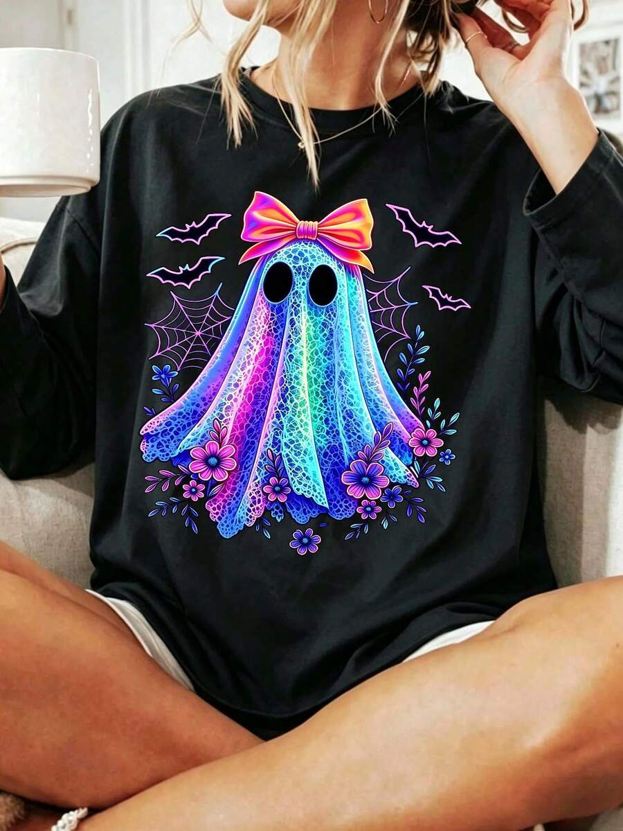 Plus Size Women's Long Sleeve T-Shirt, Colorful Floral Bow Ghost Bat Spider Web Print, Autumn/Winter Casual Long Sleeve - Black - View 1