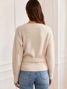 Plus Size Women's Autumn/Winter Fashion Elegant Lace Trim Cardigan, Casual Outing Sweater Jacket, Versatile Cardigan - Apricot - View 5