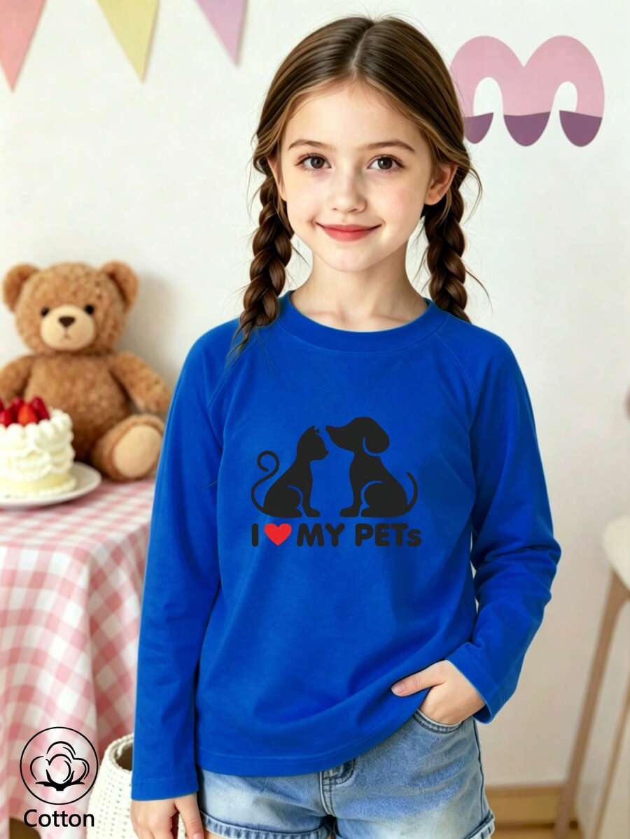 Girls' Cute Printed Patch Sleeve Crew Neck Long Sleeve Casual Sports T-Shirt - Blue - View 1