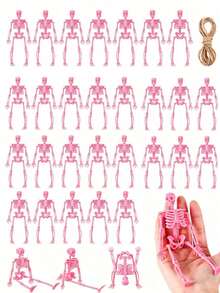 12/6pcs Mini Pink Halloween Skull With Jute Rope, Small Plastic Skulls, Suitable For Holiday Decoration Or Party Supplies, Ideal Choice For Halloween Party Decoration - View 2