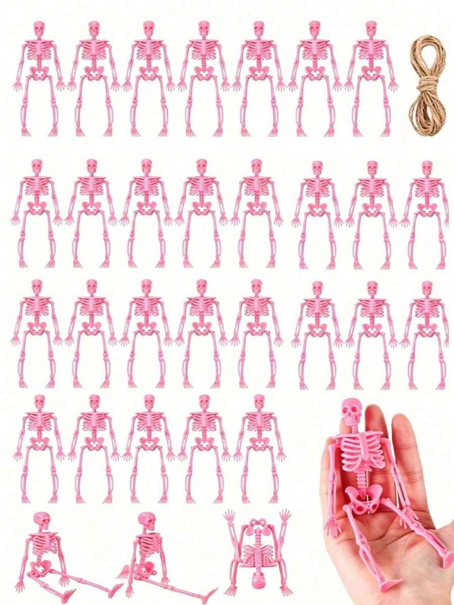 12/6pcs Mini Pink Halloween Skull With Jute Rope, Small Plastic Skulls, Suitable For Holiday Decoration Or Party Supplies, Ideal Choice For Halloween Party Decoration