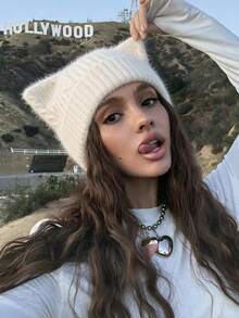 1pc Women Y2K Fluffy Faux Mink Knit Cat Ear Beanie, Cute Solid Color Warm Winter Skull Cap, Soft Stretchy Kitty Ear Pullover Hat - Twisted Plush Two-horned Hat - View 4