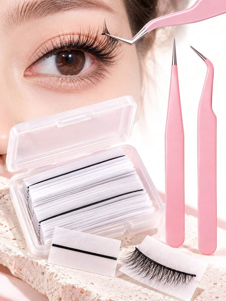 54/42/40/12 st självhäftande ögonfranser i bärbart förvaringsset, inkluderar flera rader limfria ögonfranser och transparent förvaringsbox med 2 rosa fina pincetter, svart mjukt material, lämpligt för hemmet, personlig användning och professionella makeupartister, för daglig makeup, researtiklar och snabba touch-ups, limfritt självhäftande set med falska ögonfranser, naturlig stil makeupverktyg - Multifärgad - Visa 1