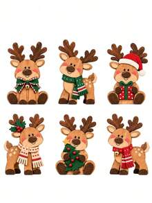 1 Set 6pcs Wooden Christmas Tabletop Decor, Cute Reindeer Decoration, Suitable For Holiday Party, Home Fireplace Decoration, Christmas Gift Decoration - Multicolor - View 12