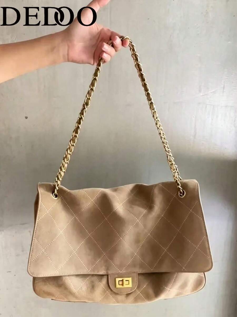 Dedoo 女款 PU 絎縫方型翻蓋單肩包，金屬旋轉鎖鏈條肩帶手提包，復古通勤逛街約會包
