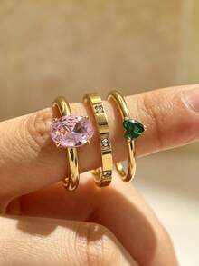 6pcs 18K Gold Plated Stainless Steel Ring Set, Stackable Rings, Clover Design, Ins Style, Waterproof Jewelry, Elegant Rings, Gemstone Rings, Gold Tone Jewelry Set, Exquisite Gift, - Gold - View 14
