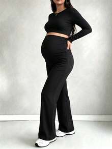 Parara Maternity Women's Burgundy Fabric Straight Leg Maternity Pants, With Pockets, Long Non-Stretch Comfortable Maternity Trousers - Black - View 8