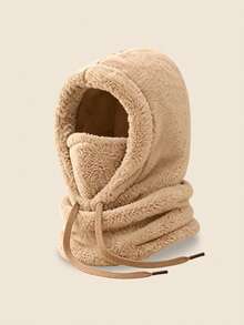 1pc/2pcs Unisex Solid Color Plush Balaclava, Drawstring Windproof Integrated Hood Scarf Face Mask, Thickened Warm Winter Neck Warmer Hat, Suitable For Outdoor Cycling - Multicolor - View 17