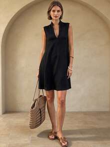 Standard Size Women's Spring/Summer Notch Neck Sleeveless A-Line Casual Vacation Short Dress - Black - View 1