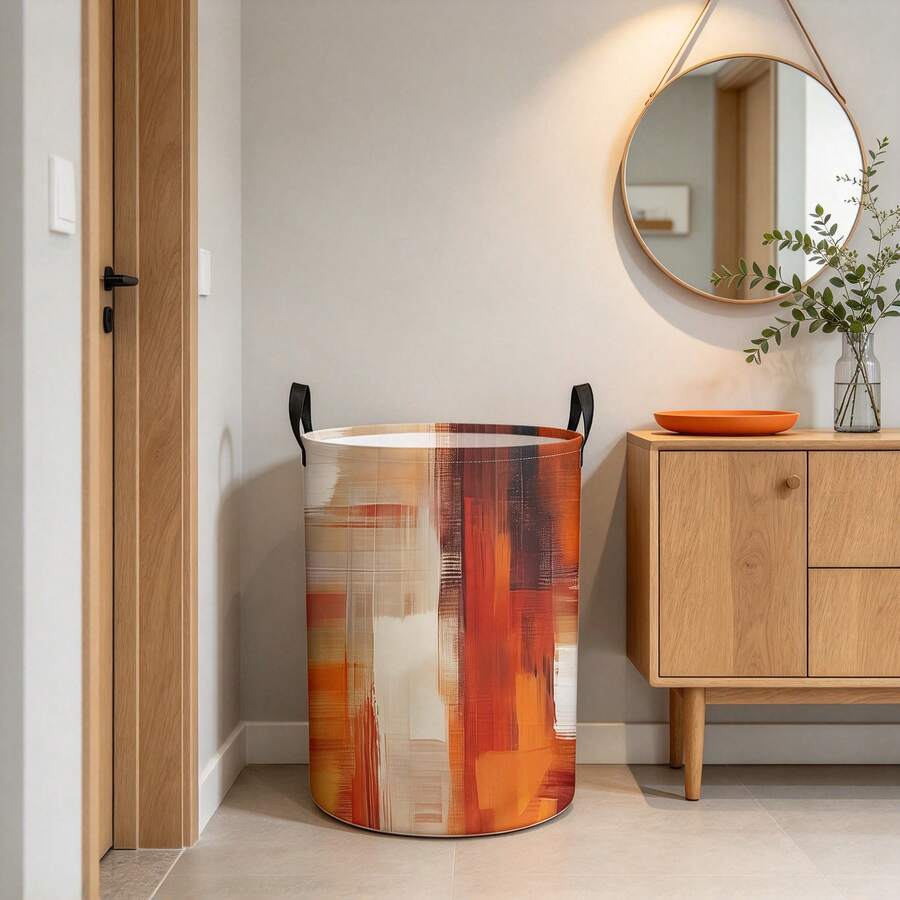 Modern Abstract Art Laundry Basket, Foldable Round Storage Basket, Warm-Toned Brushstroke Pattern Dirty Clothes Bin, Home Storage Box With Handles, Collapsible Portable Hamper For Bedroom Bathroom Dorm, Decorative Cozy Storage Organizer - Multicolor - View 1