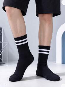 1/3/5 Pairs Men & Women Solid Color Striped Knee-High Socks, Versatile Preppy Style Long Knee Socks - Multicolor - View 5