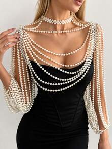 Elegant Retro Style Beaded Tassel Shoulder Necklace - Unique & Sexy Accessory For Bikini Tops, Suitable For Weddings And Parties - White - View 5