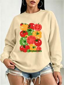 Plus-Size Women's Crew Neck Sweatshirt With Cartoon Tomato Print, Casual And Simple, Suitable For Autumn And Winter Wear, Women's Top. - Apricot - View 1