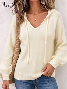 Sweater Rajut Berkerudung Tali Serut Ukuran Besar untuk Wanita, Pullover Lengan Lentera Leher V, Atasan Hangat Pas Badan untuk Perjalanan Musim Gugur/Musim Dingin - Aprikot - View 4