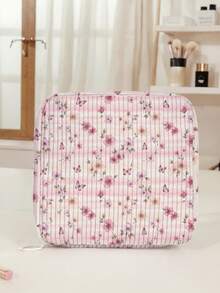 1pc Pink Butterfly All-Over Print Corduroy Multi-Compartment Storage Zipper Sanitary Napkin Pouch, Portable Travel Period Bag For Student - Multicolor - View 8