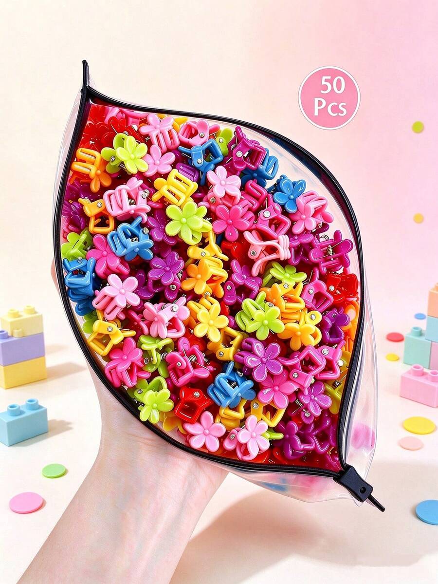 50pcs Girls Kids Colorful Floral Bow Rabbit Ear Butterfly Hair Clips, Rainbow Y2K Small Hair Clips, Daily Use Hair Accessories - Multicolor - View 1
