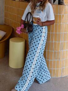 Women's Polka Dot Pattern Side Stripe Wide Leg Loose Casual Long Pants - Baby Blue - View 1