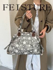 1pc Star Pattern Large Capacity Shoulder Bag, Casual Women's Tote Bag, Double Handle Design, Zipper Closure, Suitable For Daily Shopping, New Women's Handbag, Office Bag - Grey - View 8