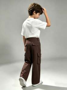 Love Baby 2-8Years Young Boy Coffee Brown Wide Leg Multi-Pocket Cargo Jeans, Versatile Adjustable Waist Loose Fit Denim Work Pants, All Season Wear - Coffee Brown - View 4