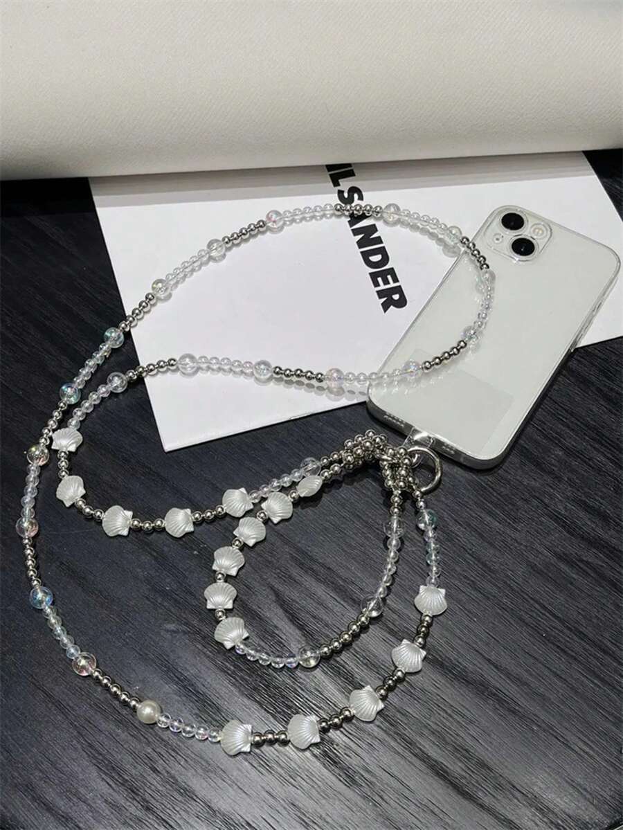 1PC Double Chain Shell Transparent Silver Bead Minimalist Style Metallic Silver Phone Crossbody Strap Neck Chain Long Chain Portable Anti-Loss Phone Case Pendant Authentic Cute Heavy-Duty Sparkling Crystal Heidi Bead Wearable Accessory Luxury High-End With Gift Clip - Multicolor - View 1