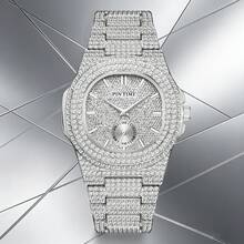 1PC Luxury Men's Quartz Watch Hip Hop Iced Out Full Rhinestone Watch, Round Dial Displaying Shiny Starry Sky Men's Fashion Accessory - one-size - View 12