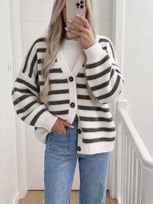 Women's Fall Winter Striped Cardigan, V Neck Long Sleeve Button Up Knit Top, Cozy Short Cardigan - White - View 2