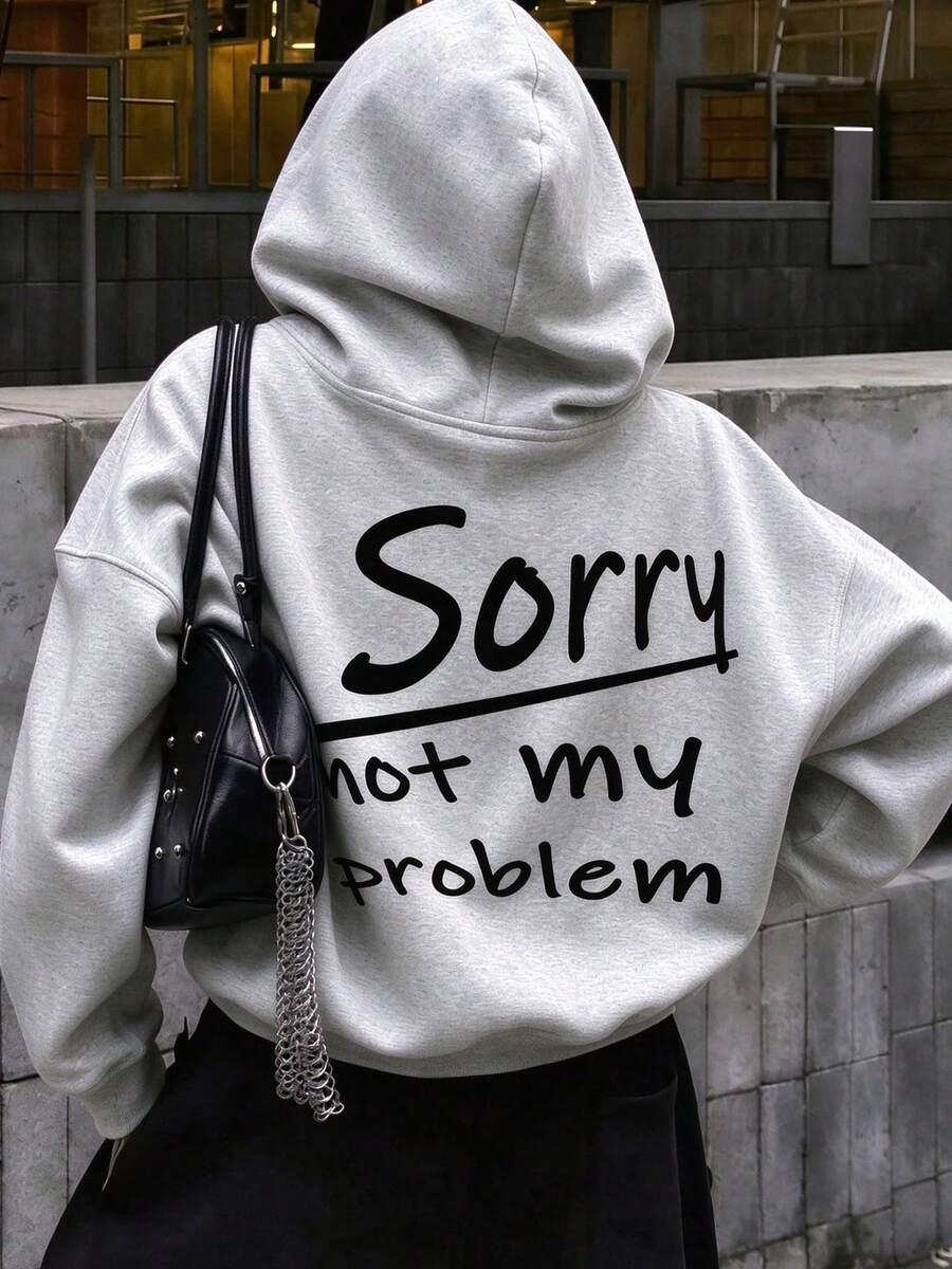 Women's Street Style Hooded Sweatshirt, Relaxed Fit Back Slogan Print Long Sleeve Pullover