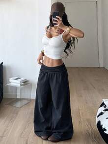 Fall/Winter Black Ruched Design Casual Long Pants For Women, High Waist Slimming Wide Leg Trousers - Black - View 7