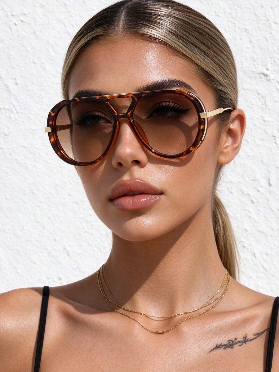 1pc Women's Large Frame Double Bridge Aviator Fashion Glasses ...