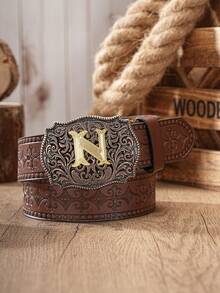 1pc Western Cowboy Style Belt With Letter Embossed Metal Buckle, PU Leather Embossed Belt, Unisex (Includes 1 Hole Puncher) - Coffee Brown - View 27