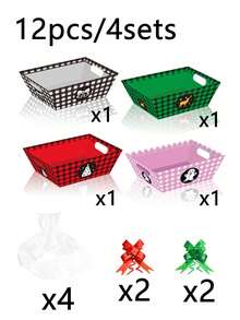 12pcs/4pcs Christmas Plaid Gift Box Set, Includes Gift Box, Basket And Tray, Snowflake, Reindeer And Gingerbread Man Patterns, With OPP Bag And Bowknot, Suitable For Christmas Party Favor Packaging - One Size Fits All - View 9