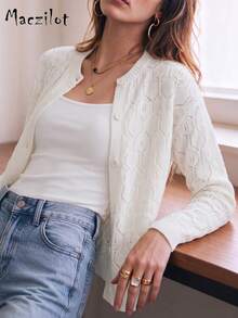 Plus Size Women's Autumn/Winter Hollow Knit Cardigan, Long Sleeve Round Neck Front Button Cardigan Sweater, Casual Commute Shopping Slim Fit Jacket - Beige - View 2