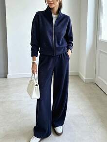 Women's Casual Zip Up Sweatshirt And Wide Leg Pants 2 Blue Sequin Pieces Set, Autumn Lounge Sets Concert Outfit Vacation Office For Women - Navy - View 3