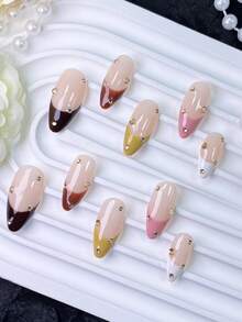 10 Pieces Of Handmade Press On Nails,Nails,Fake Nails,Short Nails,Fall&Winter Nails,Press On Nails Acrylic,Nude Base Multi-Color French Tip With Gold Rhinestone Embellishment,For Brunch & Birthday Party, For Sweet Preppy Girls - Follow Your Heart - View 11