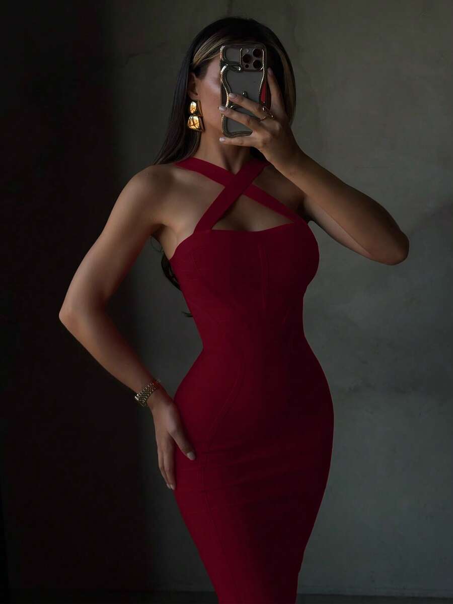 女款性感掛脖酒紅色羅紋中長版緊身繃帶洋裝，優雅夜店晚宴派對禮服，夏季女裝