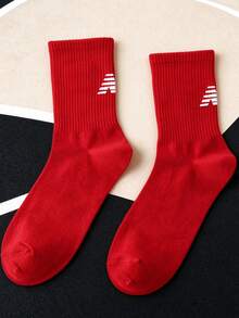 1/3 Pairs Red Ribbed Crew Socks Unisex Soft Cotton Breathable Mid-Calf Casual Street Daily Socks - Multicolor - View 7