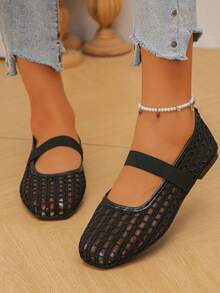 Sepatu Flat Mary Jane Jala Bernapas Musim Panas Ujung Bulat Potongan Dangkal Elastis Slip-On Kasual Wanita Slip-On - Hitam - View 7
