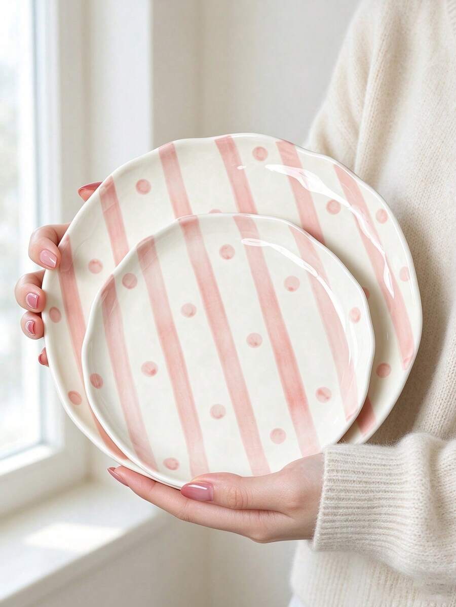 2Pcs 6"+8" Hand Painted Stripe & Polka Dot Ceramic Plates, Irregular Wavy Edge Dinner Dessert Plate, Ins Style Serving Tray For Breakfast Fruit Cake