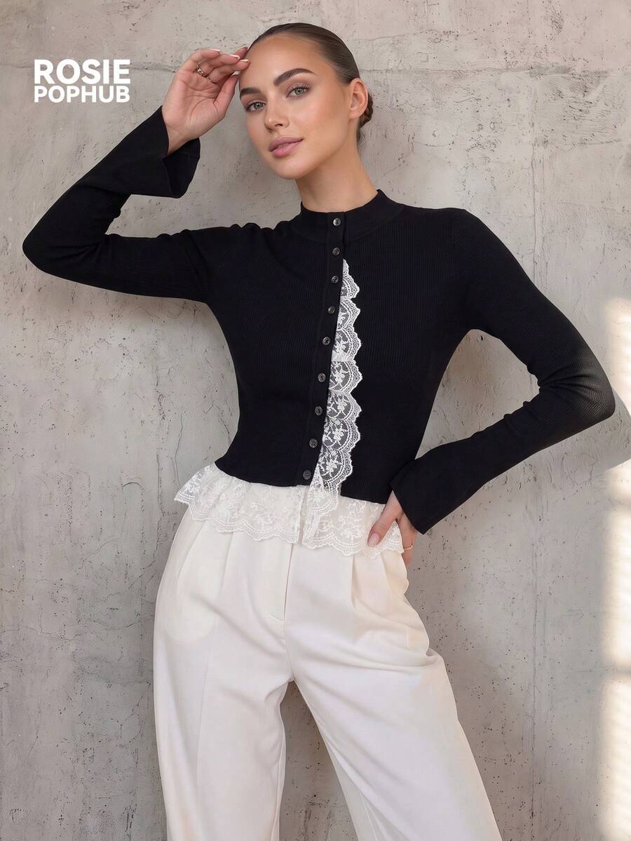 ROSIE POPHUB Women Black Mock Neck Flare Long Sleeve Top High Stretch Lace Spliced Button Front Slim Fit Elegant Commute Christmas Top For Fall Winter - Black - View 1