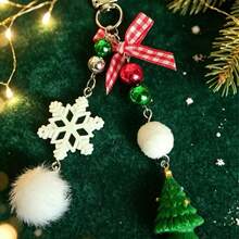 1pc New Christmas Tree Phone Lanyard Crystal Beaded Red Plaid Bow Keychain Christmas Gift Bag Charm - one-size - View 4