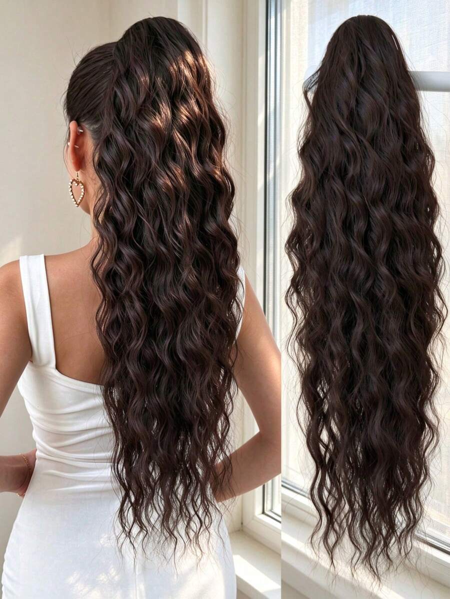 28-Inch Deep Brown Claw Ponytail Extension, Water Wave Synthetic Fiber, Suitable For Women And Girls For Daily Wear And Parties, Halloween