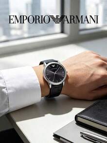 Armani AR2500 Luigi Series Men's Business Watch, Slim Minimalist Design, Polished Steel Case, Crocodile Embossed Genuine Leather Strap, Single Date - Black - View 3