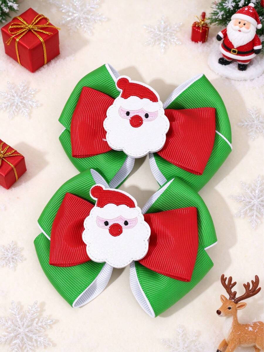 2pcs Christmas Santa Grosgrain Ribbon Hair Bows For Girls Cute Alligators Clips Fall Winter Festival Party Gift Hair Clips Kids Hair Accessories - Multicolor - View 1