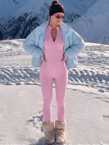 Sömlös tight sportjumpsuit med halv dragkedja och långa ärmar för fitness - Rosa - Visa 4
