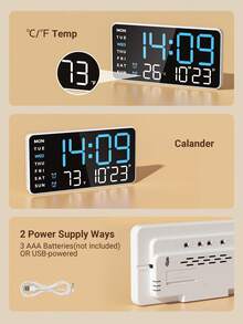 Jam Dinding Digital, Jam Layar LED Besar dengan Suhu, Tanggal, Hari dalam Seminggu, Alarm Ganda, Peredupan Otomatis, Bertenaga USB, Jam Meja Dinding Modern untuk Rumah, Kantor, Kamar Tidur, Ruang Tamu - Putih dan biru. - View 5