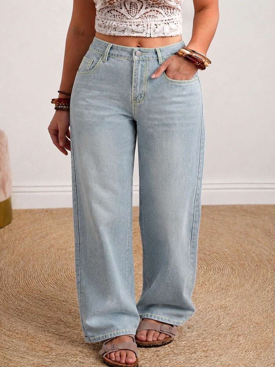 Women's Plus Size Denim Boyfriend Jeans, Light Wash, Button Detail, Non-Stretch Extended Length, Creating Loose Commuter Style - Blue - View 1