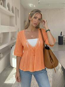 Women's Summer Loose Hollow Out Lace-Up Knitted Cardigan Short Sleeve Crochet Mesh Sheer Sunscreen Top - Coral Pink - View 1